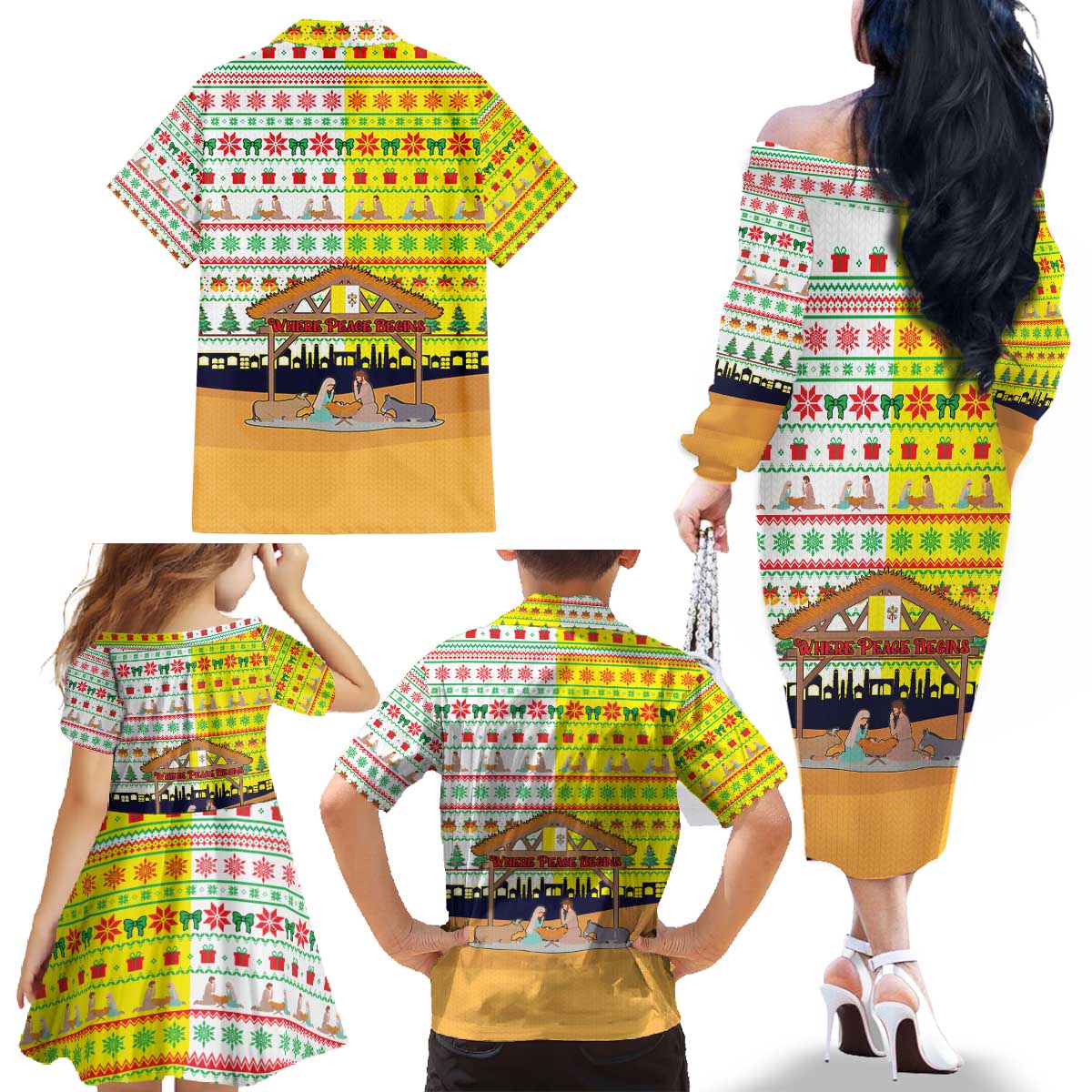 Vatican Christmas Family Matching Off The Shoulder Long Sleeve Dress and Hawaiian Shirt with Bethlehem Silhouette Yellow Red Green Pattern and Baby Jesus Manger - Wonder Print Shop