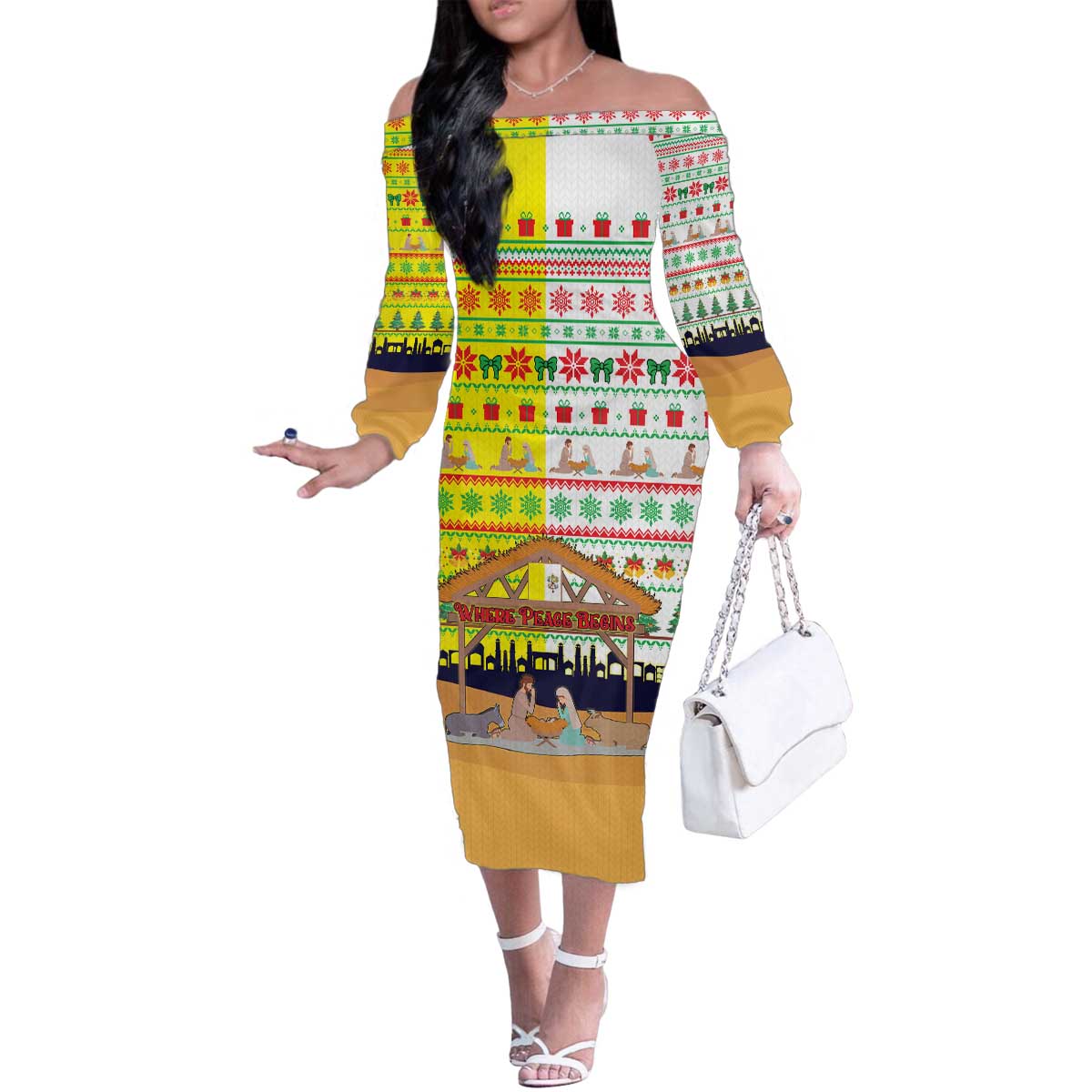 Vatican Christmas Family Matching Off The Shoulder Long Sleeve Dress and Hawaiian Shirt with Bethlehem Silhouette Yellow Red Green Pattern and Baby Jesus Manger - Wonder Print Shop