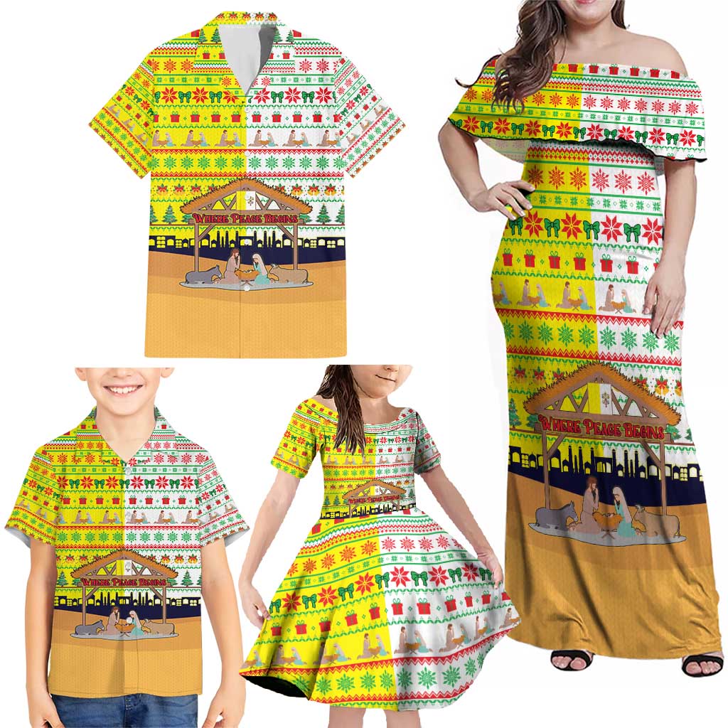 Vatican Christmas Family Matching Off Shoulder Maxi Dress and Hawaiian Shirt with Bethlehem Silhouette Yellow Red Green Pattern and Baby Jesus Manger - Wonder Print Shop