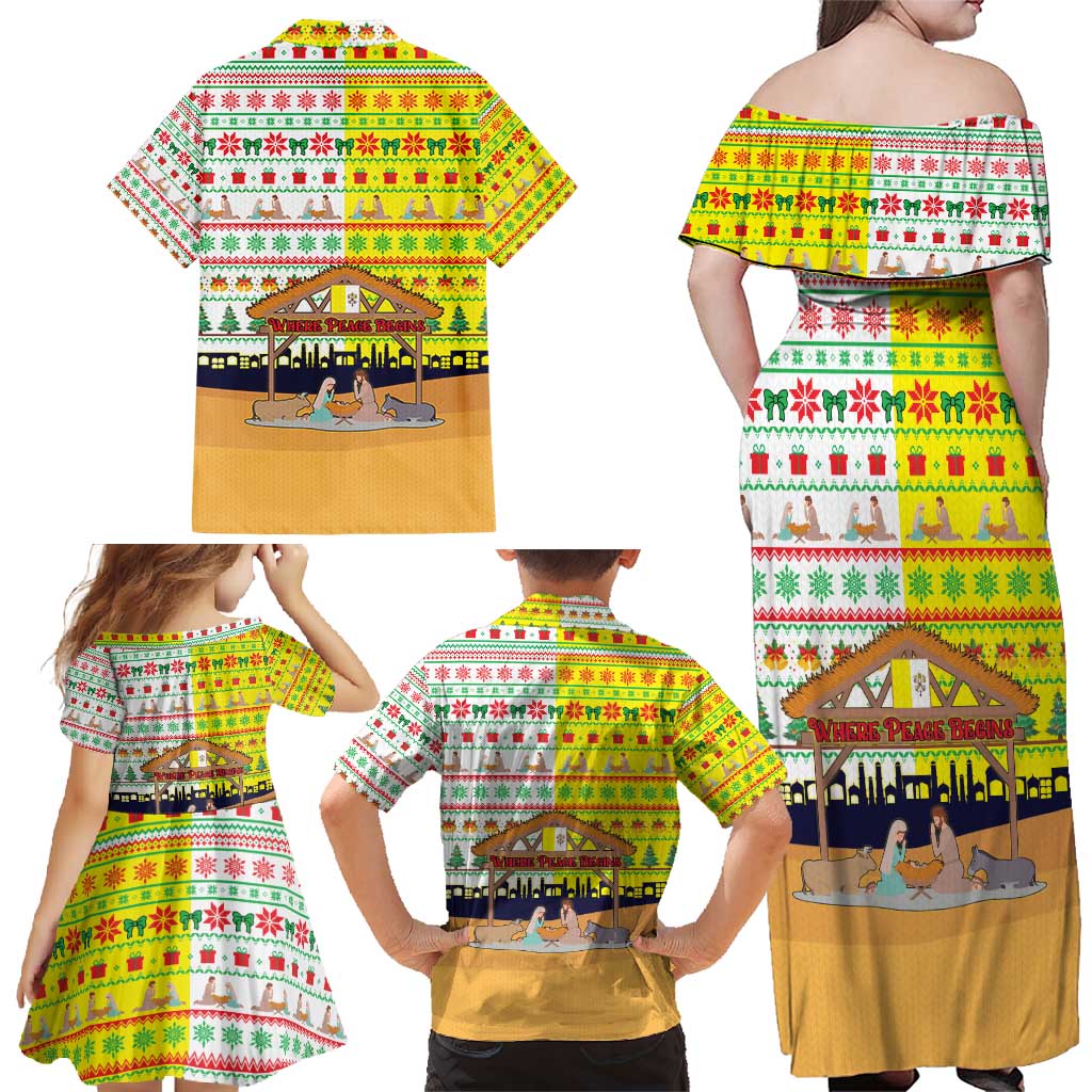 Vatican Christmas Family Matching Off Shoulder Maxi Dress and Hawaiian Shirt with Bethlehem Silhouette Yellow Red Green Pattern and Baby Jesus Manger - Wonder Print Shop
