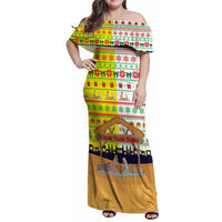 Vatican Christmas Family Matching Off Shoulder Maxi Dress and Hawaiian Shirt with Bethlehem Silhouette Yellow Red Green Pattern and Baby Jesus Manger - Wonder Print Shop