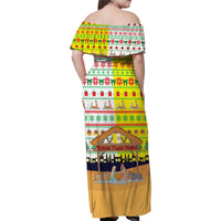 Vatican Christmas Family Matching Off Shoulder Maxi Dress and Hawaiian Shirt with Bethlehem Silhouette Yellow Red Green Pattern and Baby Jesus Manger - Wonder Print Shop