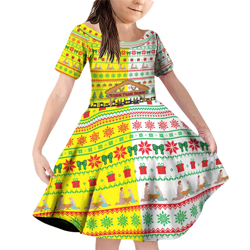 Vatican Christmas Family Matching Off Shoulder Short Dress and Hawaiian Shirt with Bethlehem Silhouette Yellow Red Green Pattern and Baby Jesus Manger - Wonder Print Shop