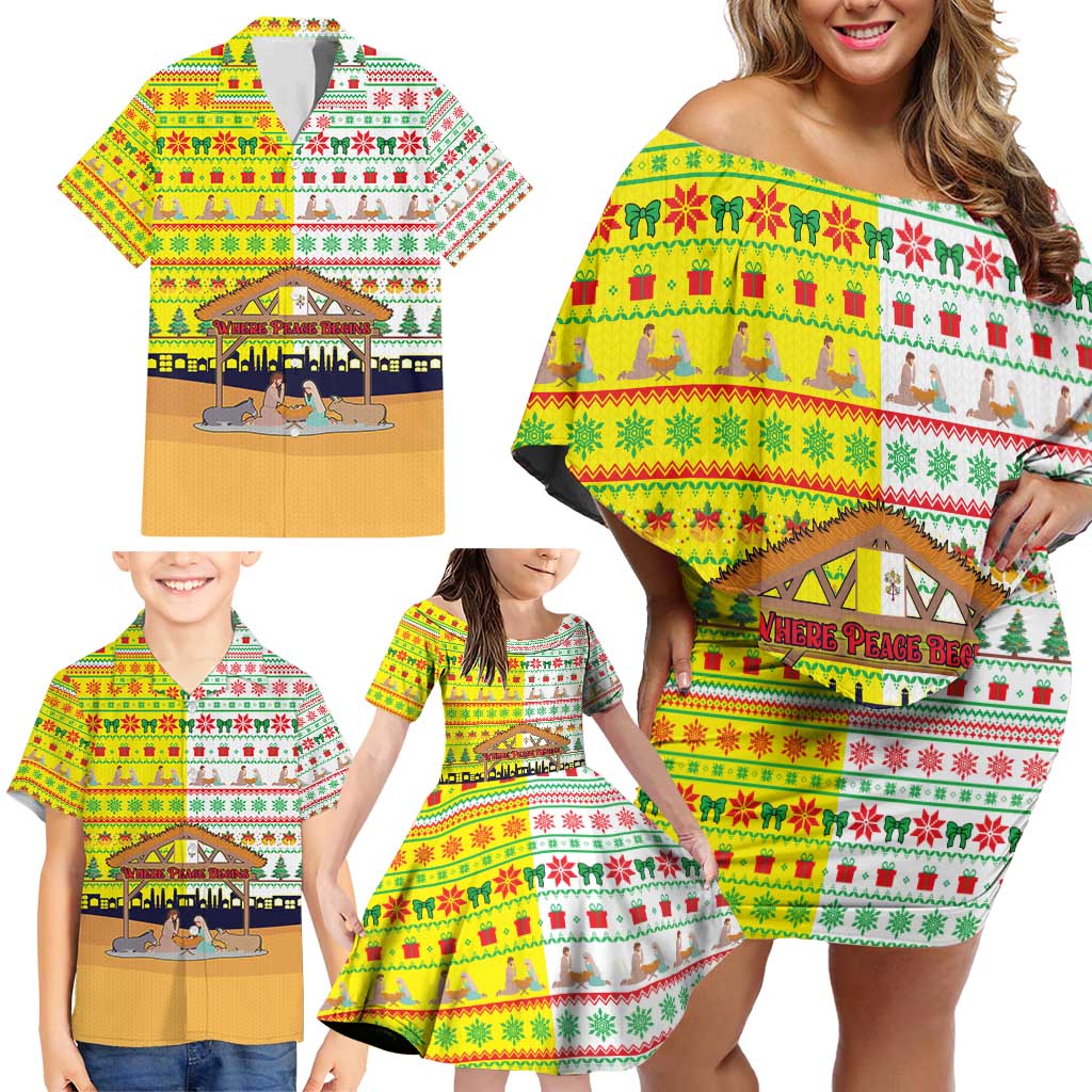 Vatican Christmas Family Matching Off Shoulder Short Dress and Hawaiian Shirt with Bethlehem Silhouette Yellow Red Green Pattern and Baby Jesus Manger - Wonder Print Shop