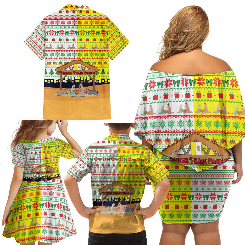 Vatican Christmas Family Matching Off Shoulder Short Dress and Hawaiian Shirt with Bethlehem Silhouette Yellow Red Green Pattern and Baby Jesus Manger - Wonder Print Shop