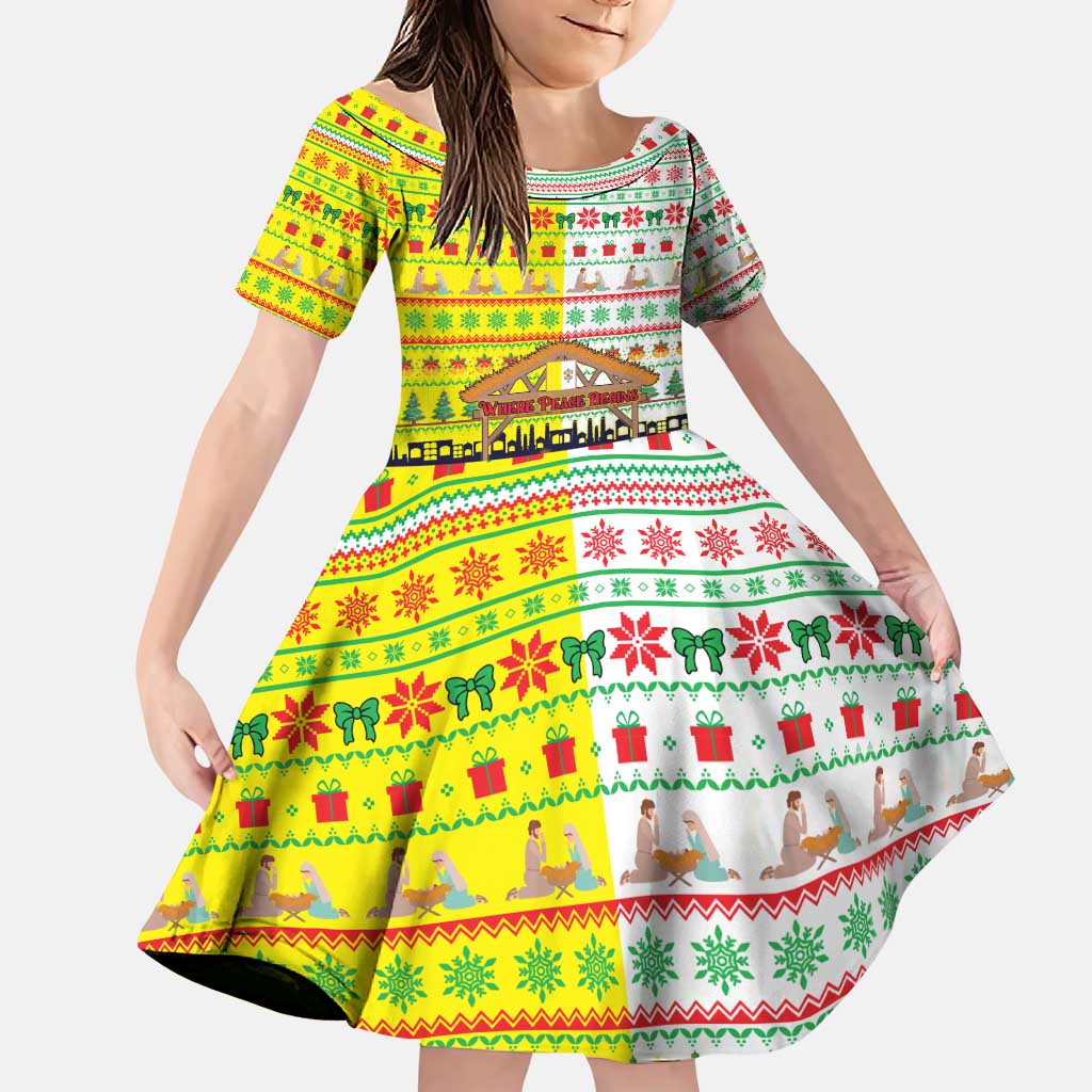 Vatican Christmas Family Matching Puletasi and Hawaiian Shirt with Bethlehem Silhouette Yellow Red Green Pattern and Baby Jesus Manger - Wonder Print Shop