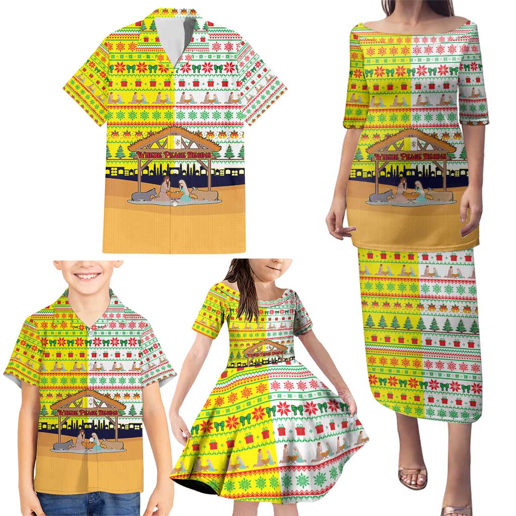 Vatican Christmas Family Matching Puletasi and Hawaiian Shirt with Bethlehem Silhouette Yellow Red Green Pattern and Baby Jesus Manger - Wonder Print Shop