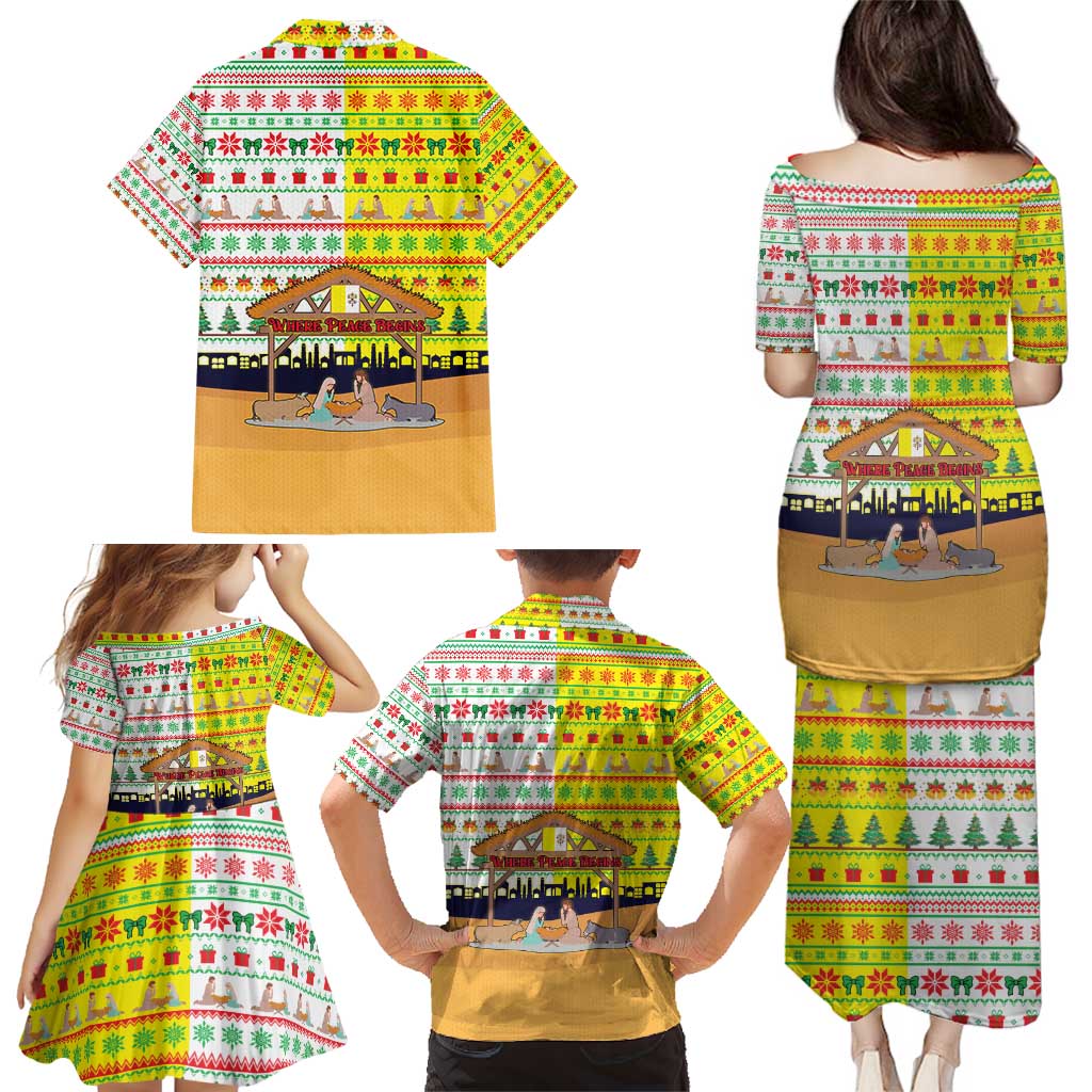 Vatican Christmas Family Matching Puletasi and Hawaiian Shirt with Bethlehem Silhouette Yellow Red Green Pattern and Baby Jesus Manger - Wonder Print Shop