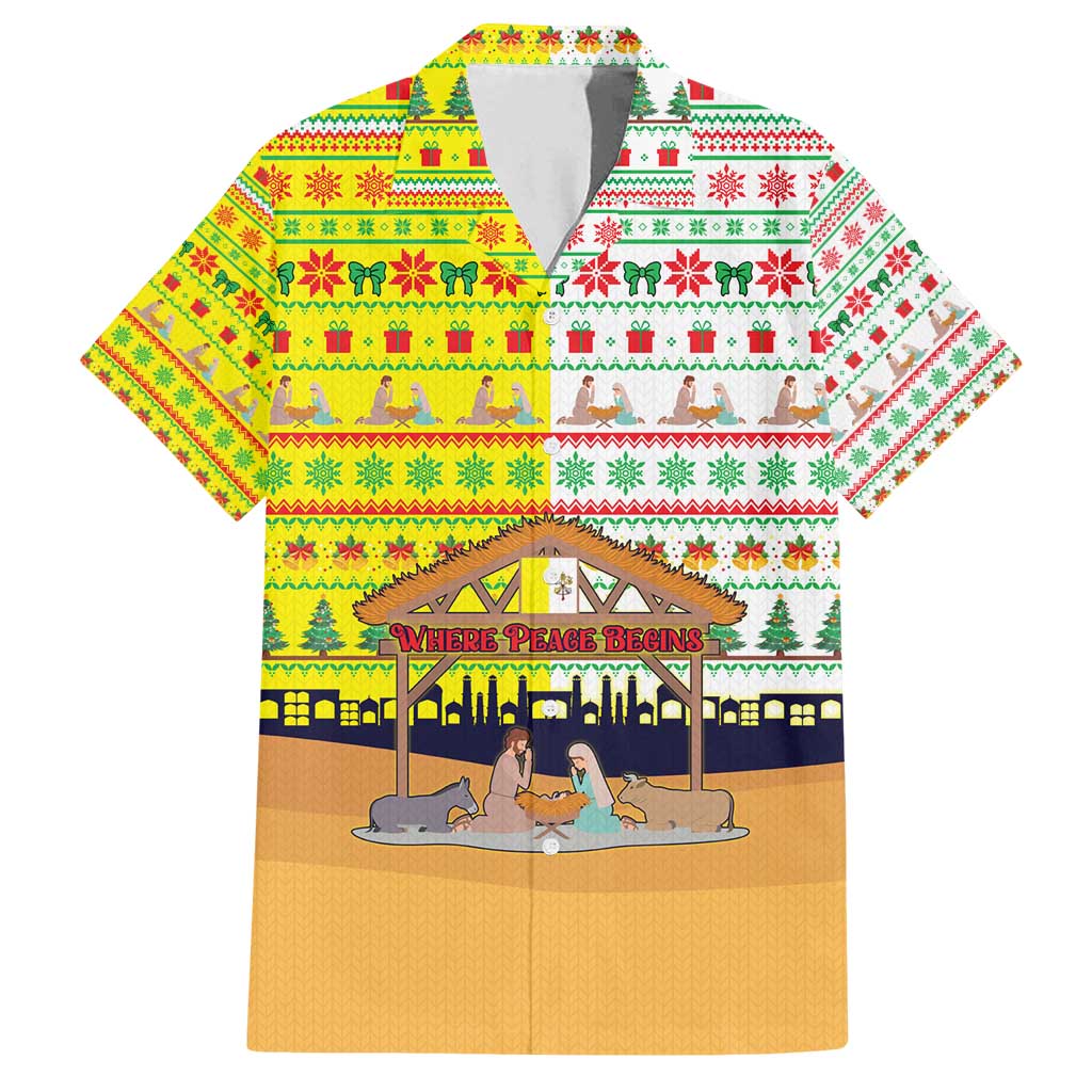 Vatican Christmas Family Matching Puletasi and Hawaiian Shirt with Bethlehem Silhouette Yellow Red Green Pattern and Baby Jesus Manger - Wonder Print Shop