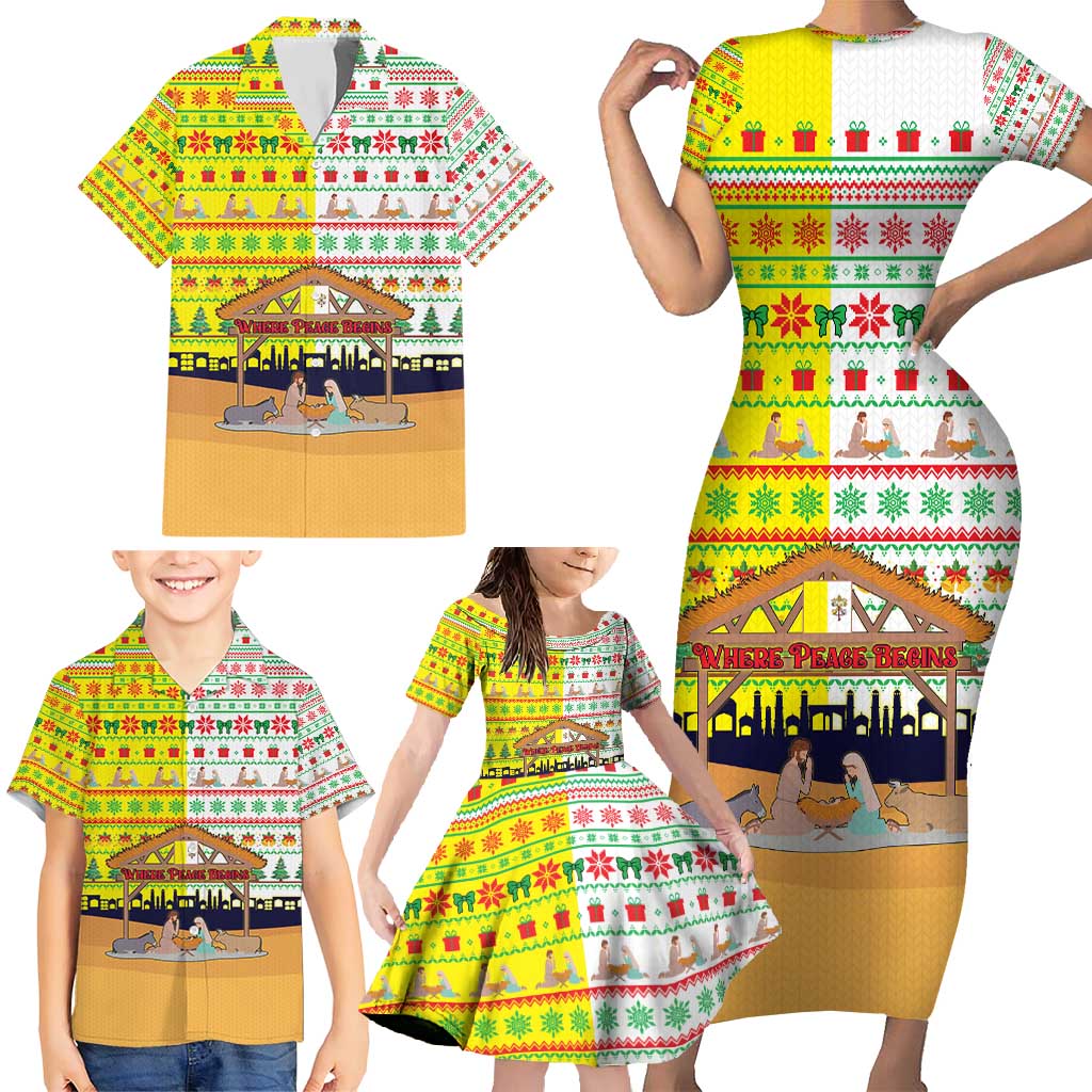 Vatican Christmas Family Matching Short Sleeve Bodycon Dress and Hawaiian Shirt with Bethlehem Silhouette Yellow Red Green Pattern and Baby Jesus Manger - Wonder Print Shop