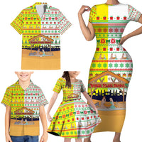 Vatican Christmas Family Matching Short Sleeve Bodycon Dress and Hawaiian Shirt with Bethlehem Silhouette Yellow Red Green Pattern and Baby Jesus Manger - Wonder Print Shop