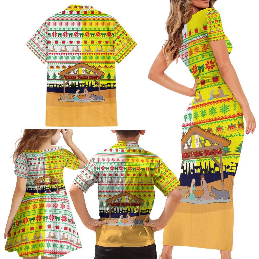 Vatican Christmas Family Matching Short Sleeve Bodycon Dress and Hawaiian Shirt with Bethlehem Silhouette Yellow Red Green Pattern and Baby Jesus Manger - Wonder Print Shop