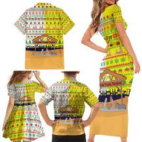 Vatican Christmas Family Matching Short Sleeve Bodycon Dress and Hawaiian Shirt with Bethlehem Silhouette Yellow Red Green Pattern and Baby Jesus Manger - Wonder Print Shop