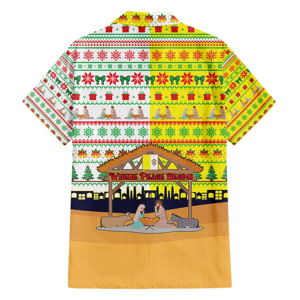 Vatican Christmas Family Matching Short Sleeve Bodycon Dress and Hawaiian Shirt with Bethlehem Silhouette Yellow Red Green Pattern and Baby Jesus Manger - Wonder Print Shop
