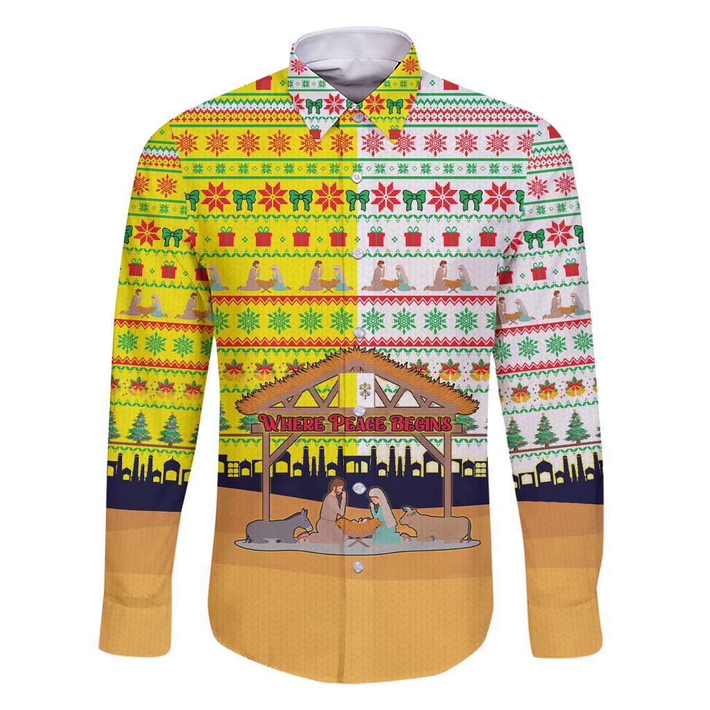 Vatican Christmas Family Matching Short Sleeve Bodycon Dress and Hawaiian Shirt with Bethlehem Silhouette Yellow Red Green Pattern and Baby Jesus Manger - Wonder Print Shop