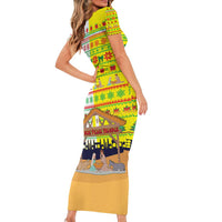 Vatican Christmas Family Matching Short Sleeve Bodycon Dress and Hawaiian Shirt with Bethlehem Silhouette Yellow Red Green Pattern and Baby Jesus Manger - Wonder Print Shop