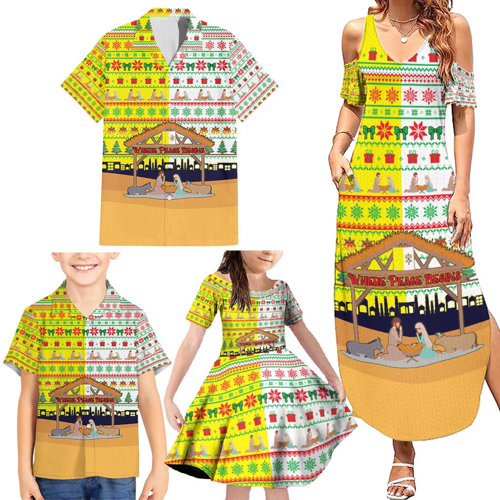 Vatican Christmas Family Matching Summer Maxi Dress and Hawaiian Shirt with Bethlehem Silhouette Yellow Red Green Pattern and Baby Jesus Manger - Wonder Print Shop
