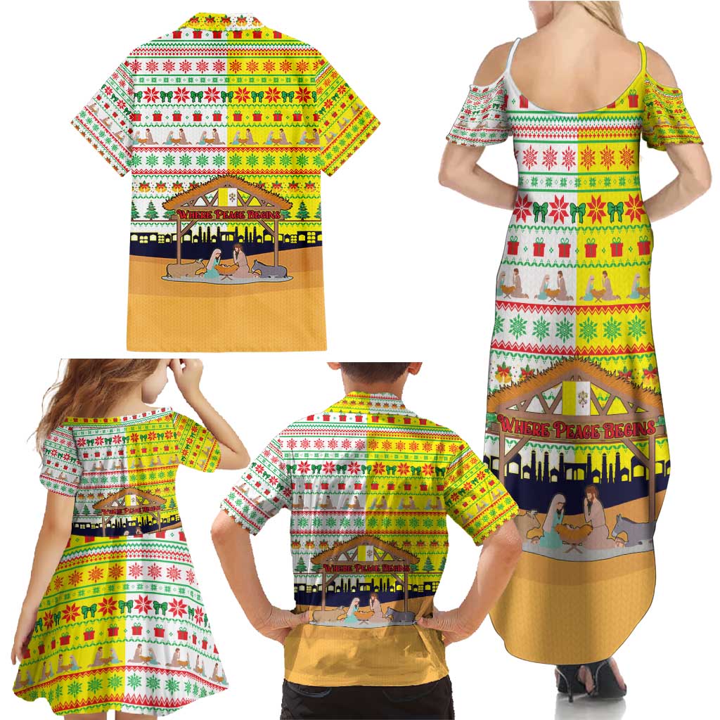 Vatican Christmas Family Matching Summer Maxi Dress and Hawaiian Shirt with Bethlehem Silhouette Yellow Red Green Pattern and Baby Jesus Manger - Wonder Print Shop