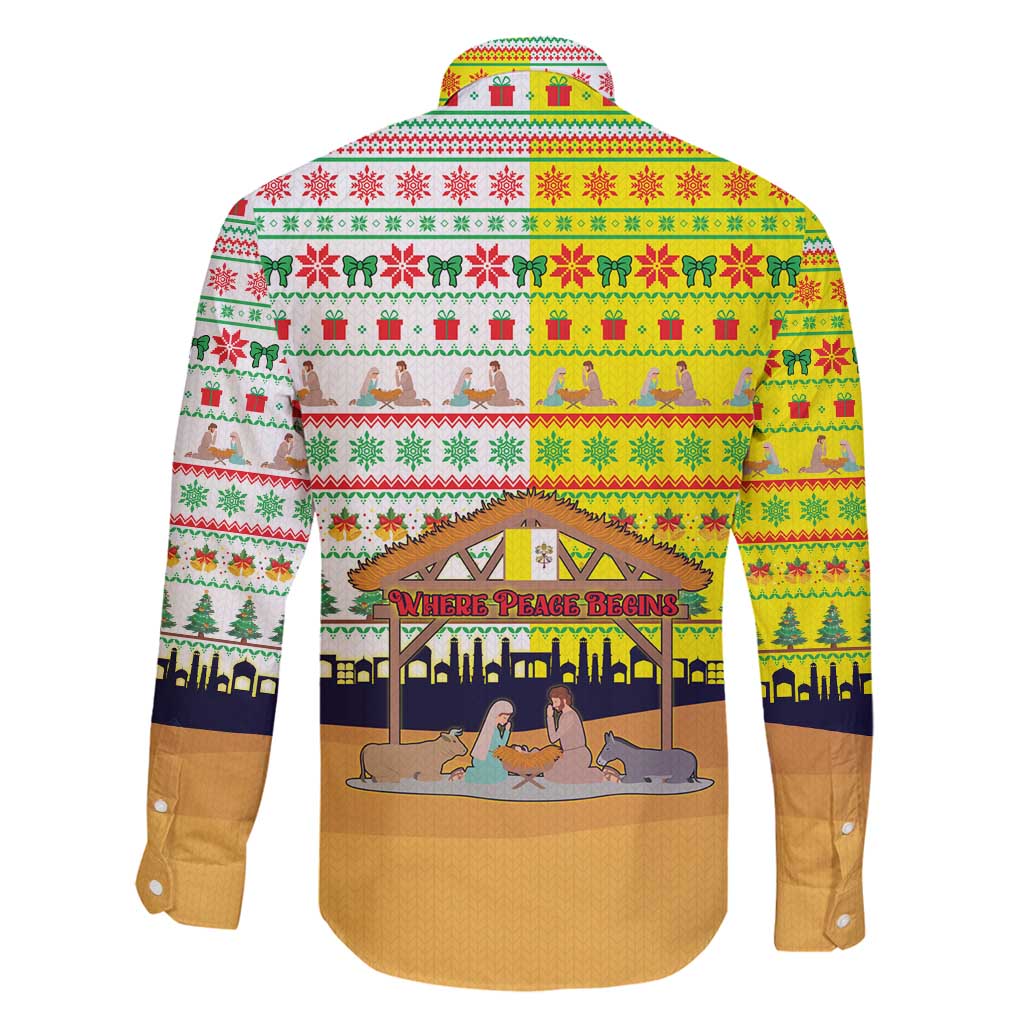 Vatican Christmas Family Matching Summer Maxi Dress and Hawaiian Shirt with Bethlehem Silhouette Yellow Red Green Pattern and Baby Jesus Manger - Wonder Print Shop