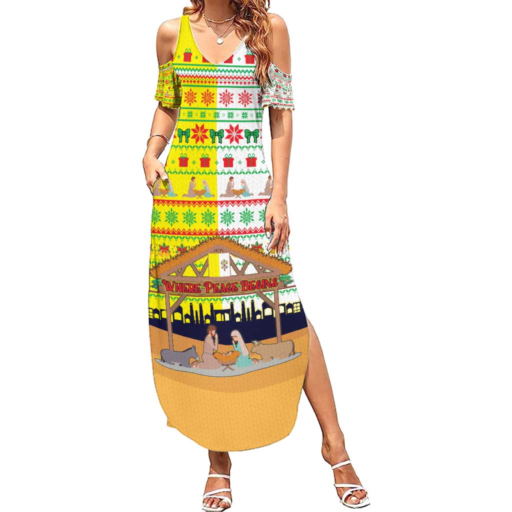 Vatican Christmas Family Matching Summer Maxi Dress and Hawaiian Shirt with Bethlehem Silhouette Yellow Red Green Pattern and Baby Jesus Manger - Wonder Print Shop