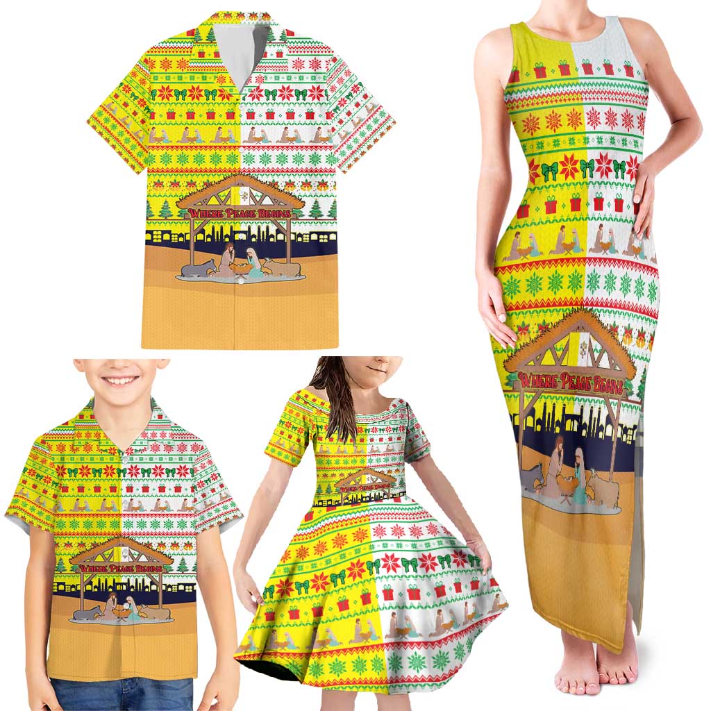 Vatican Christmas Family Matching Tank Maxi Dress and Hawaiian Shirt with Bethlehem Silhouette Yellow Red Green Pattern and Baby Jesus Manger - Wonder Print Shop