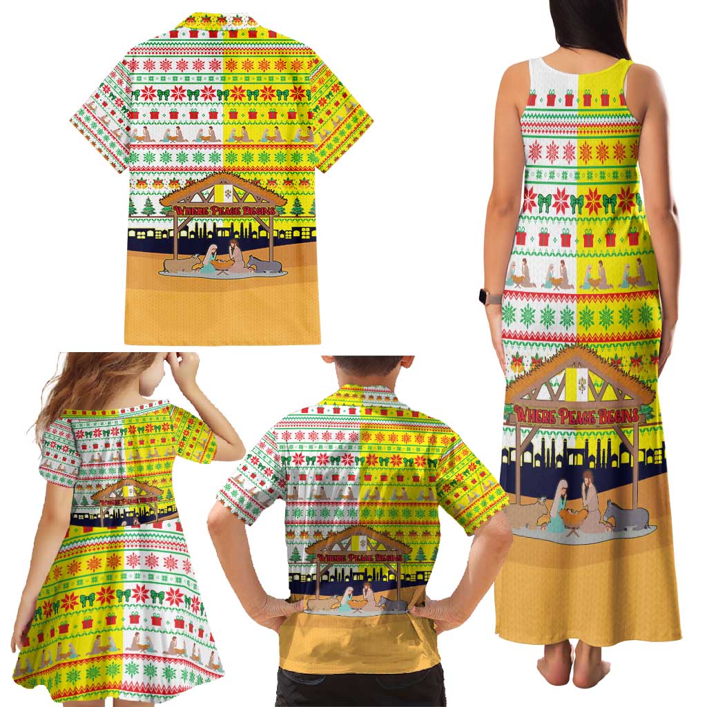 Vatican Christmas Family Matching Tank Maxi Dress and Hawaiian Shirt with Bethlehem Silhouette Yellow Red Green Pattern and Baby Jesus Manger - Wonder Print Shop