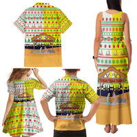 Vatican Christmas Family Matching Tank Maxi Dress and Hawaiian Shirt with Bethlehem Silhouette Yellow Red Green Pattern and Baby Jesus Manger - Wonder Print Shop