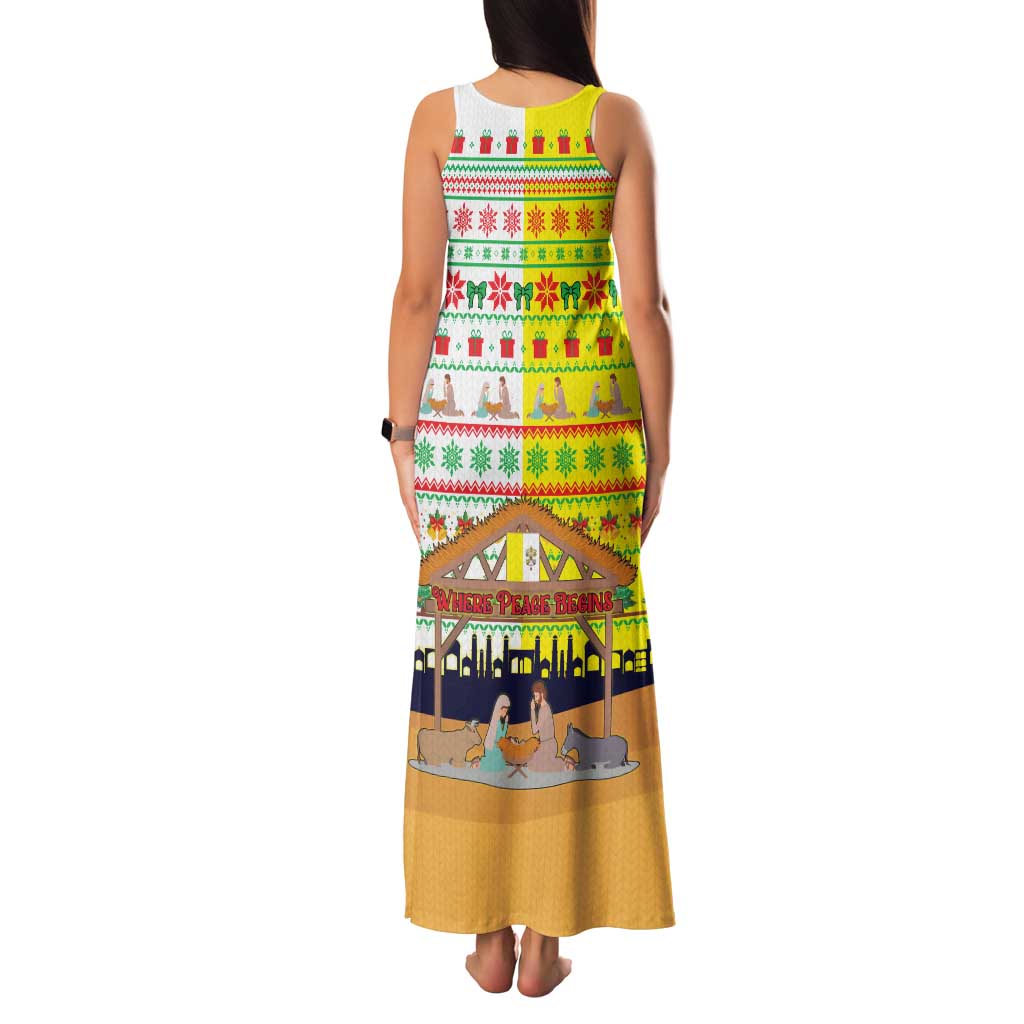 Vatican Christmas Family Matching Tank Maxi Dress and Hawaiian Shirt with Bethlehem Silhouette Yellow Red Green Pattern and Baby Jesus Manger - Wonder Print Shop