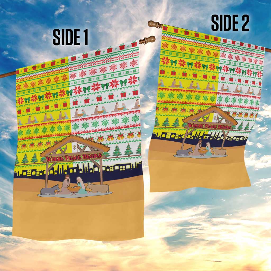 Vatican Christmas Garden Flag with Bethlehem Silhouette Yellow Red Green Pattern and Baby Jesus Manger - Wonder Print Shop