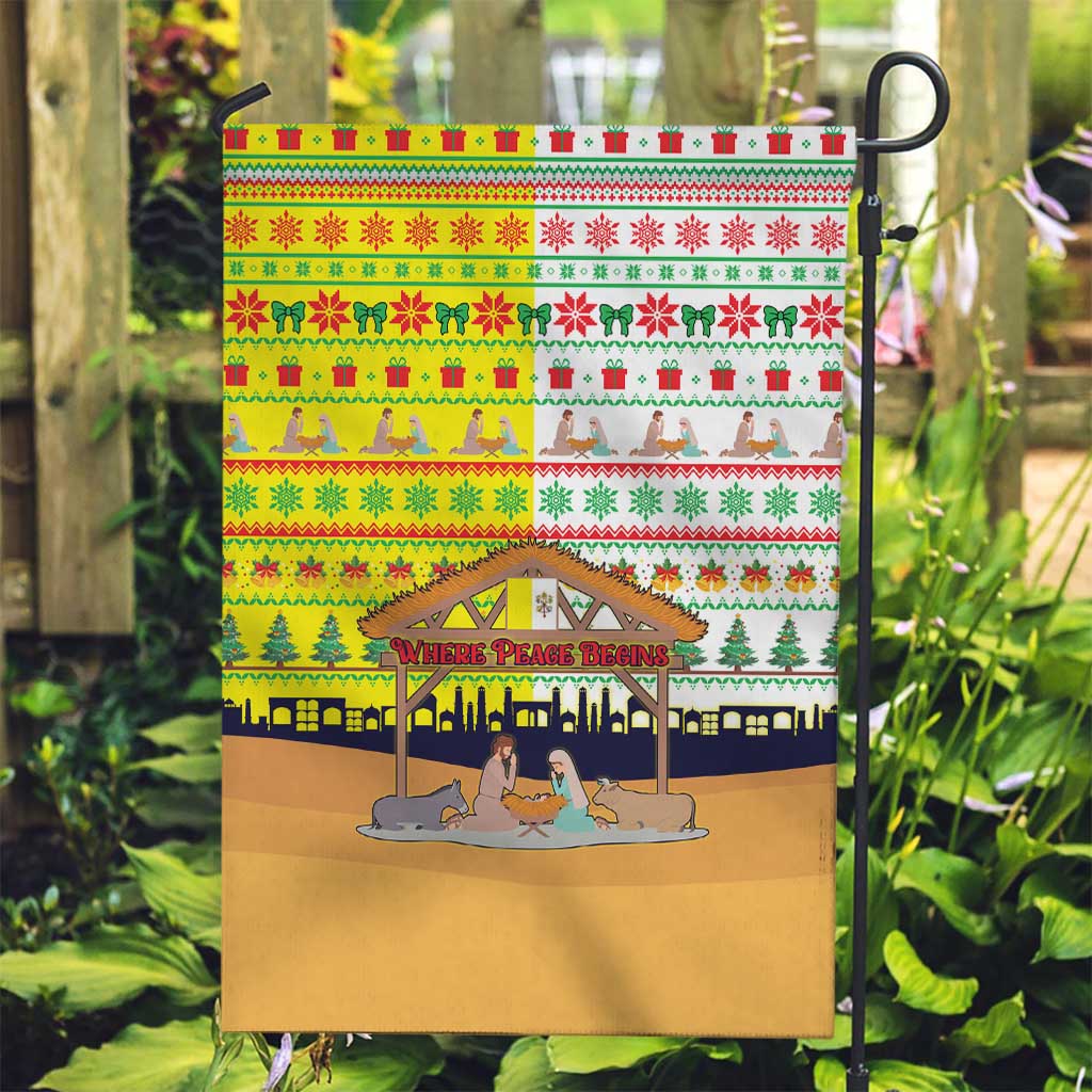 Vatican Christmas Garden Flag with Bethlehem Silhouette Yellow Red Green Pattern and Baby Jesus Manger - Wonder Print Shop