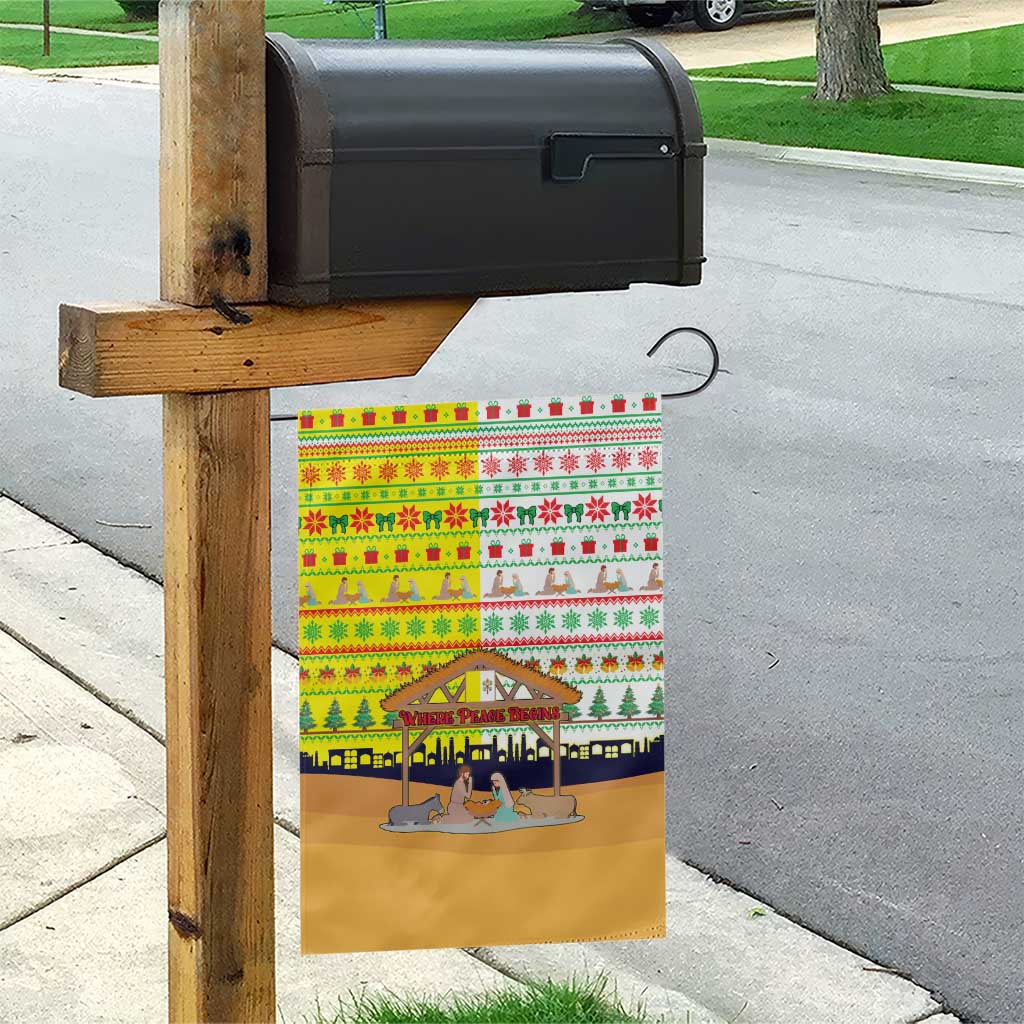 Vatican Christmas Garden Flag with Bethlehem Silhouette Yellow Red Green Pattern and Baby Jesus Manger - Wonder Print Shop