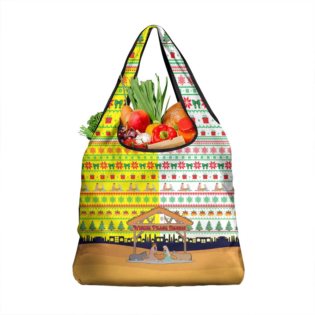 Vatican Christmas Grocery Bag with Bethlehem Silhouette Yellow Red Green Pattern and Baby Jesus Manger - Wonder Print Shop