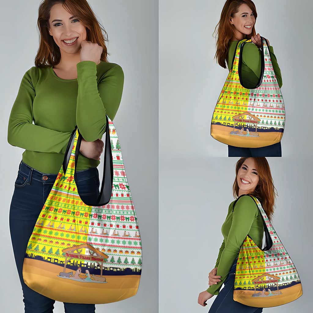 Vatican Christmas Grocery Bag with Bethlehem Silhouette Yellow Red Green Pattern and Baby Jesus Manger - Wonder Print Shop