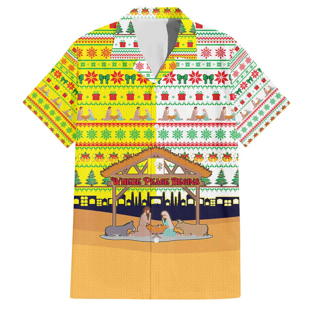 Vatican Christmas Hawaiian Shirt with Bethlehem Silhouette Yellow Red Green Pattern and Baby Jesus Manger - Wonder Print Shop