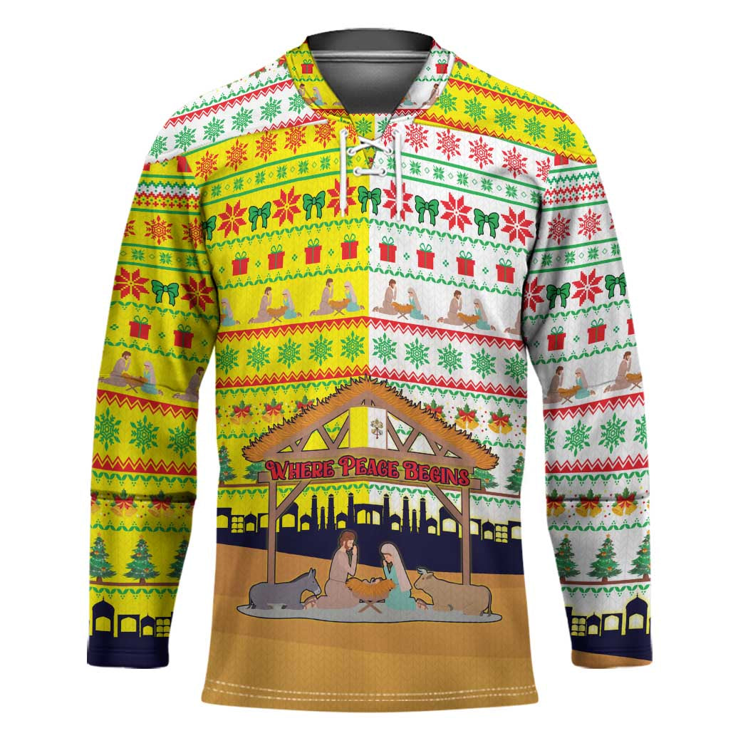 Vatican Christmas Hockey Jersey with Bethlehem Silhouette Yellow Red Green Pattern and Baby Jesus Manger - Wonder Print Shop