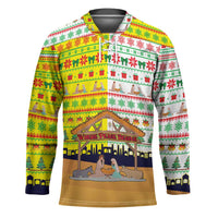 Vatican Christmas Hockey Jersey with Bethlehem Silhouette Yellow Red Green Pattern and Baby Jesus Manger - Wonder Print Shop