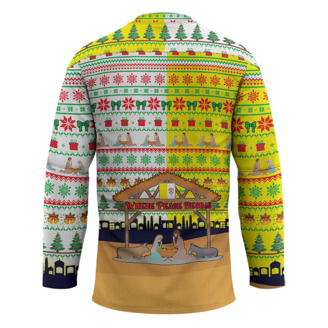 Vatican Christmas Hockey Jersey with Bethlehem Silhouette Yellow Red Green Pattern and Baby Jesus Manger - Wonder Print Shop