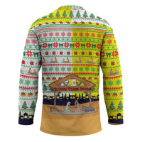 Vatican Christmas Hockey Jersey with Bethlehem Silhouette Yellow Red Green Pattern and Baby Jesus Manger - Wonder Print Shop