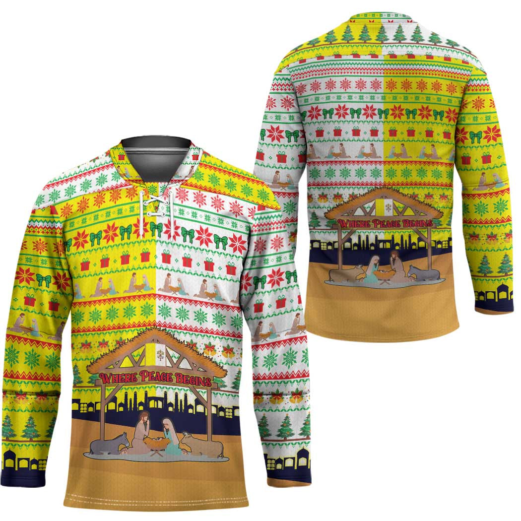 Vatican Christmas Hockey Jersey with Bethlehem Silhouette Yellow Red Green Pattern and Baby Jesus Manger - Wonder Print Shop