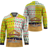 Vatican Christmas Hockey Jersey with Bethlehem Silhouette Yellow Red Green Pattern and Baby Jesus Manger - Wonder Print Shop
