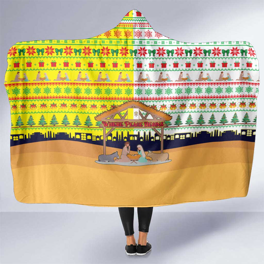 Vatican Christmas Hooded Blanket with Bethlehem Silhouette Yellow Red Green Pattern and Baby Jesus Manger - Wonder Print Shop