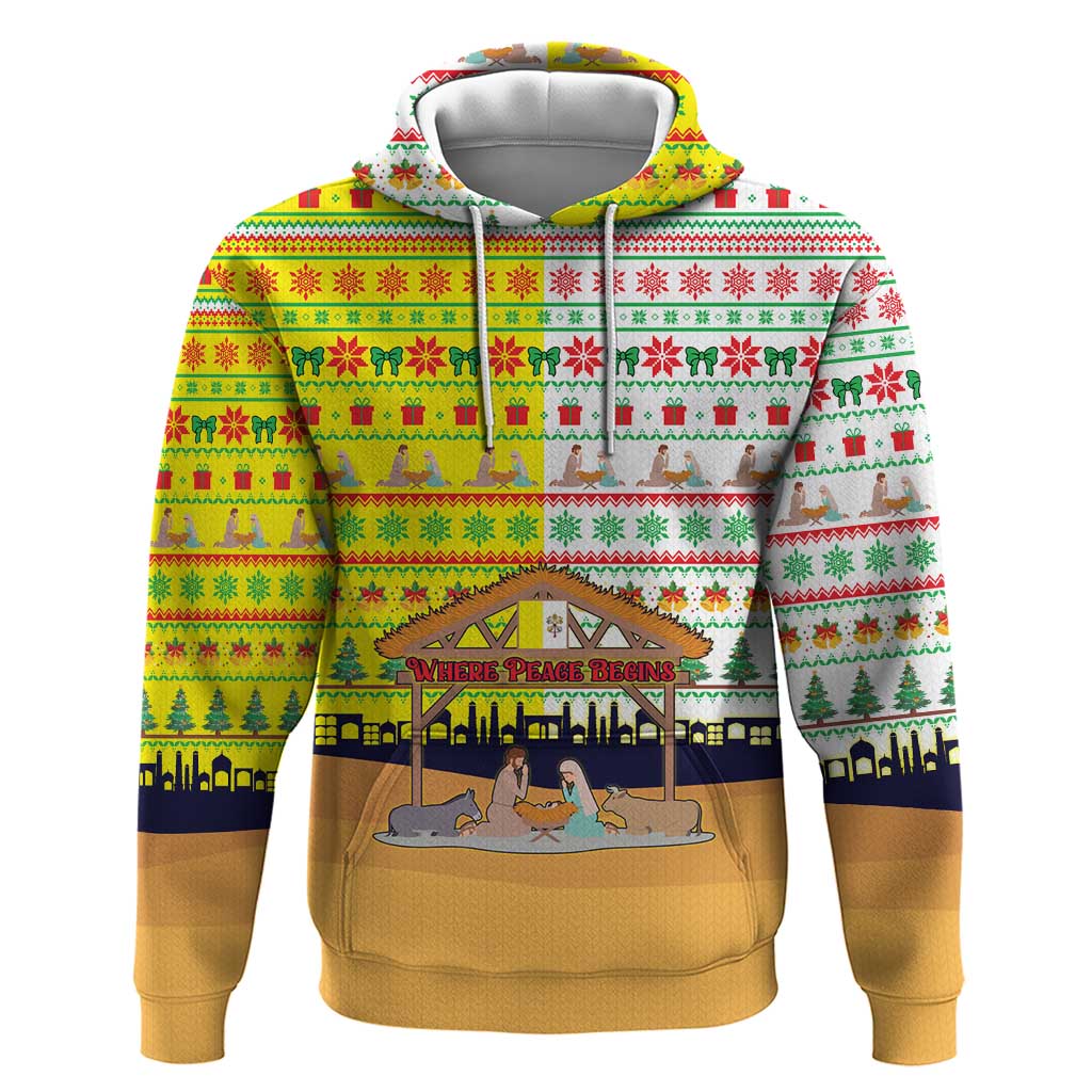 Vatican Christmas Hoodie with Bethlehem Silhouette Yellow Red Green Pattern and Baby Jesus Manger - Wonder Print Shop