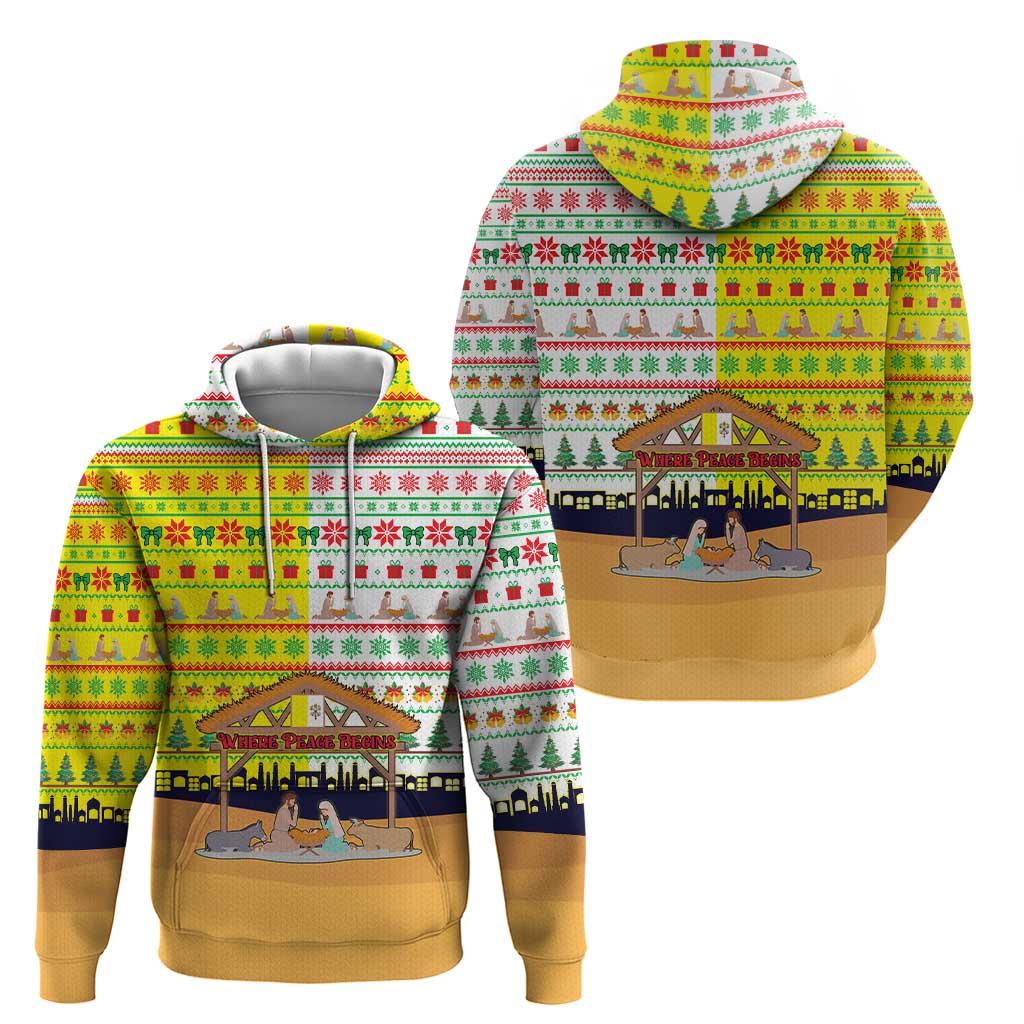 Vatican Christmas Hoodie with Bethlehem Silhouette Yellow Red Green Pattern and Baby Jesus Manger - Wonder Print Shop