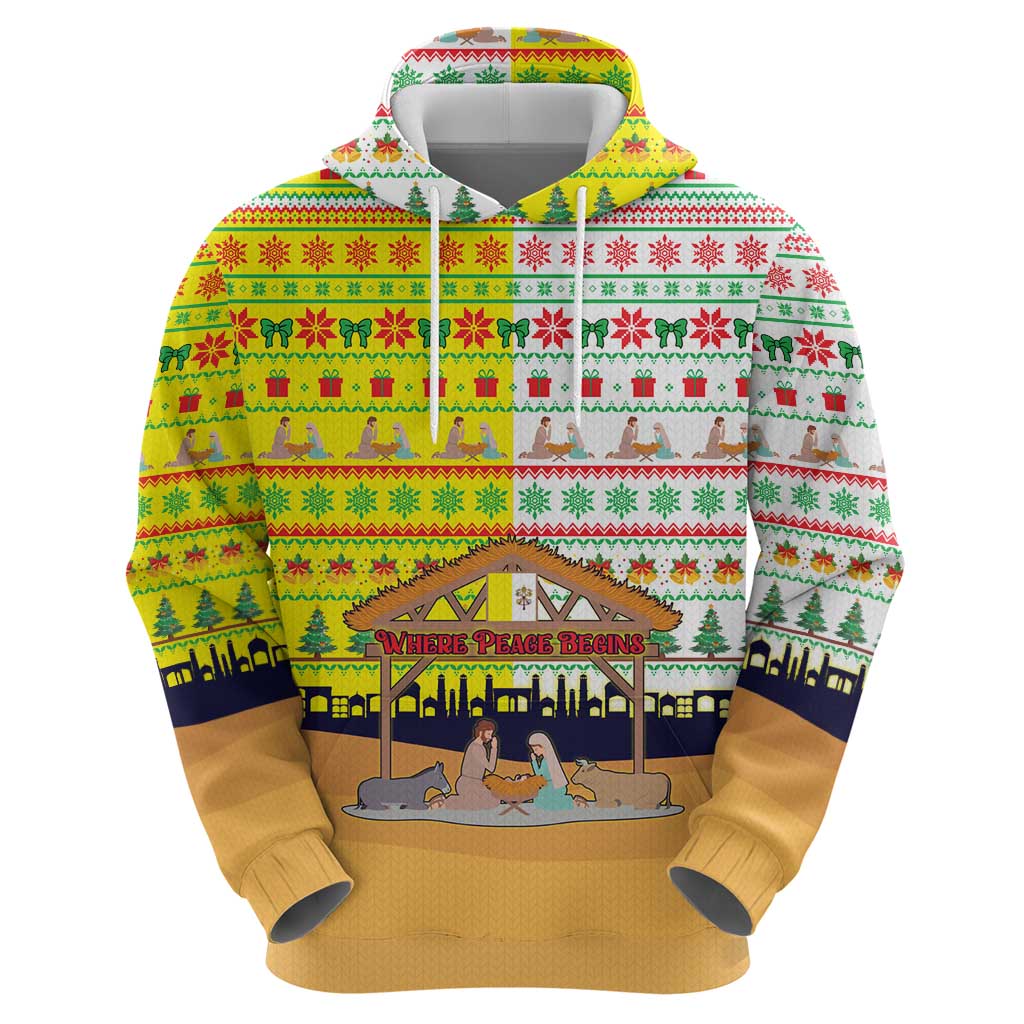 Vatican Christmas Hoodie with Bethlehem Silhouette Yellow Red Green Pattern and Baby Jesus Manger - Wonder Print Shop