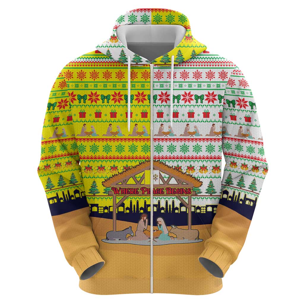 Vatican Christmas Hoodie with Bethlehem Silhouette Yellow Red Green Pattern and Baby Jesus Manger - Wonder Print Shop