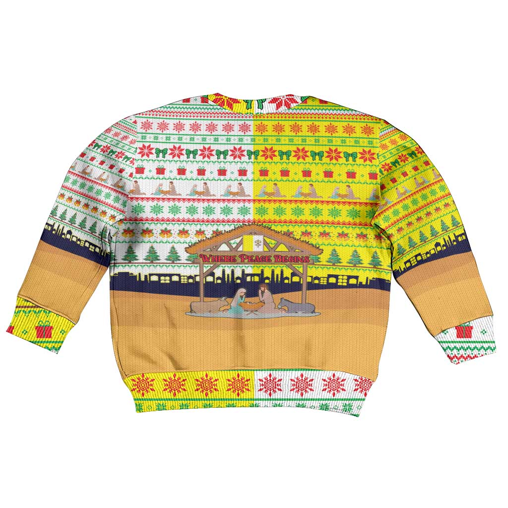 Vatican Christmas Kid Ugly Christmas Sweater with Bethlehem Silhouette Yellow Red Green Pattern and Baby Jesus Manger - Wonder Print Shop