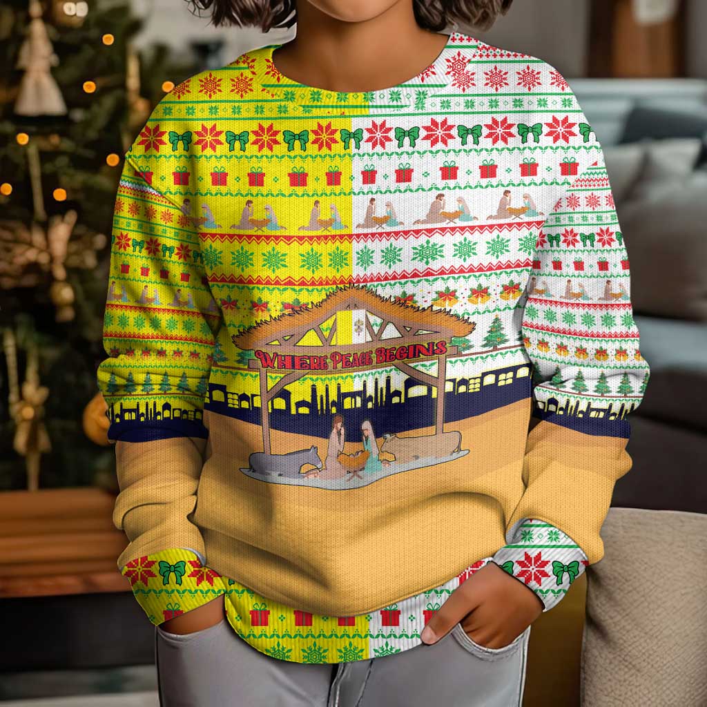 Vatican Christmas Kid Ugly Christmas Sweater with Bethlehem Silhouette Yellow Red Green Pattern and Baby Jesus Manger - Wonder Print Shop