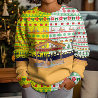Vatican Christmas Kid Ugly Christmas Sweater with Bethlehem Silhouette Yellow Red Green Pattern and Baby Jesus Manger - Wonder Print Shop