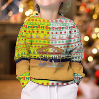 Vatican Christmas Kid Ugly Christmas Sweater with Bethlehem Silhouette Yellow Red Green Pattern and Baby Jesus Manger - Wonder Print Shop