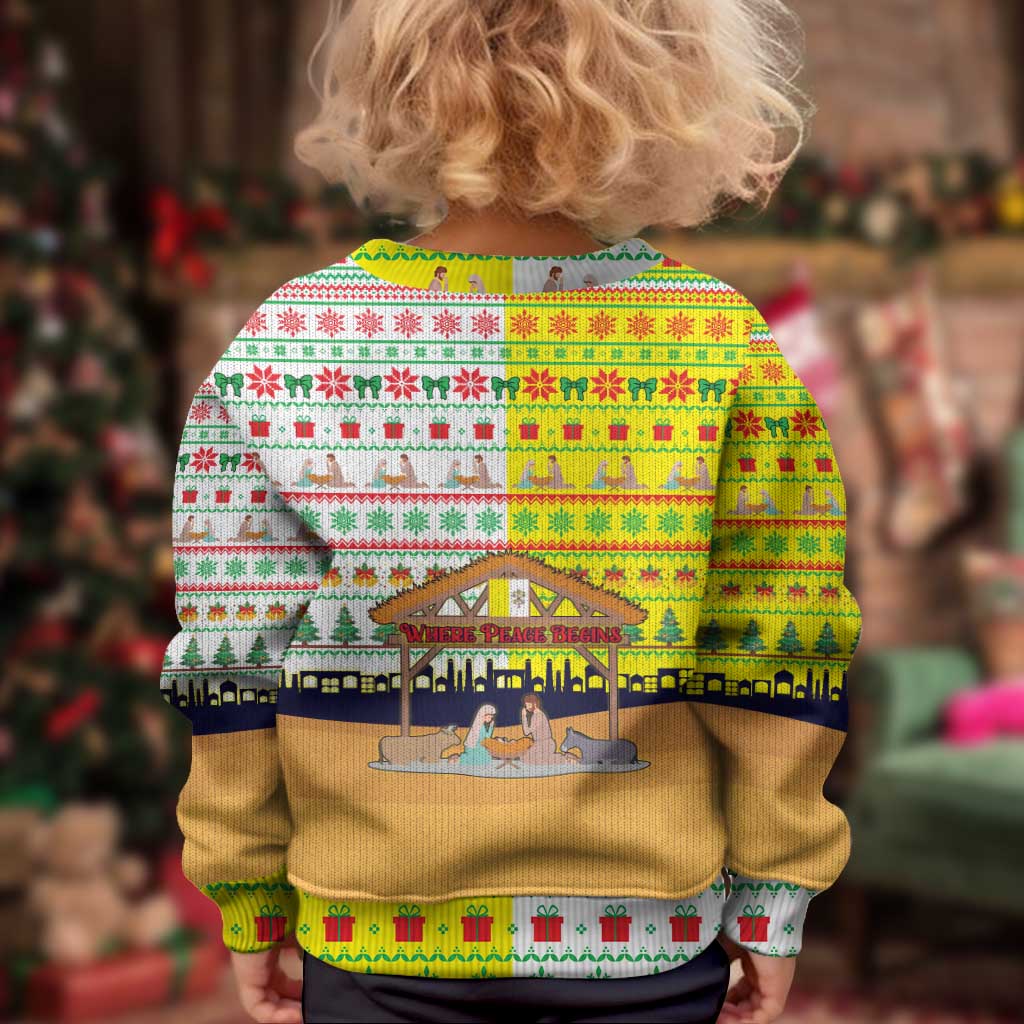 Vatican Christmas Kid Ugly Christmas Sweater with Bethlehem Silhouette Yellow Red Green Pattern and Baby Jesus Manger - Wonder Print Shop